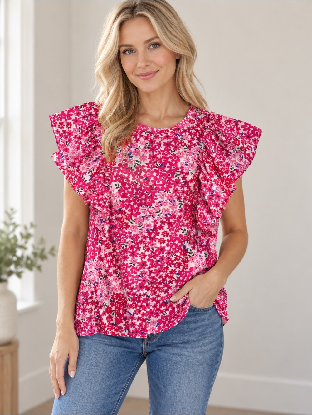 Sugarlips Hot Pink Floral Ruffle Sleeve Blouse